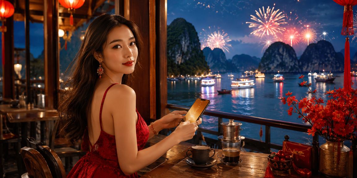 Người dùng đăng ký tài khoản và nhận thưởng xổ số tại vịnh Hạ Long bên ly cà phê