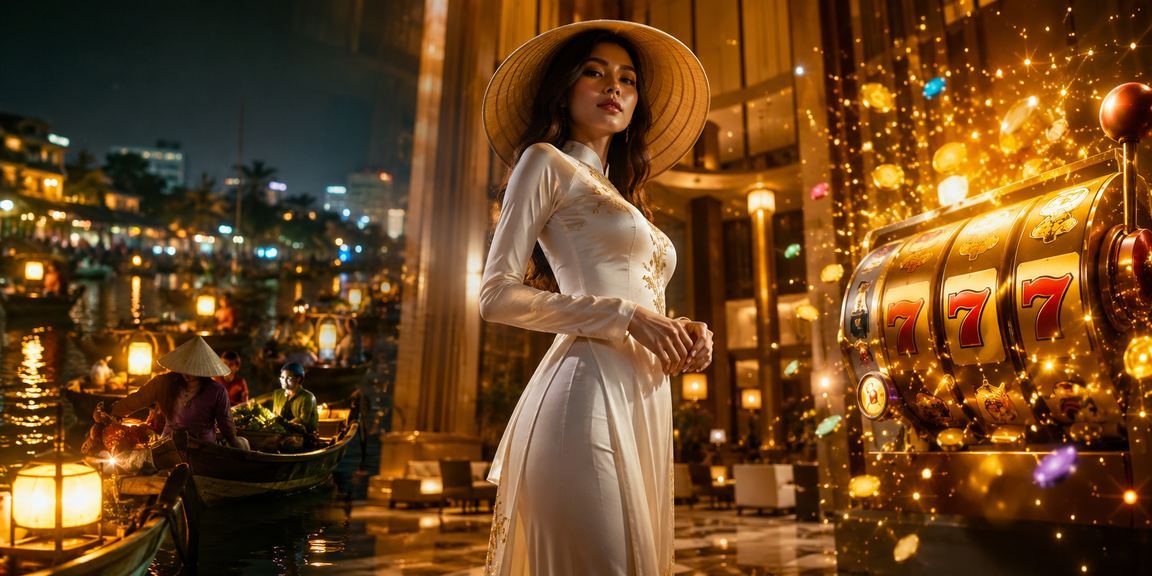Người chơi slot game tại Hà Nội với nón lá truyền thống Việt Nam